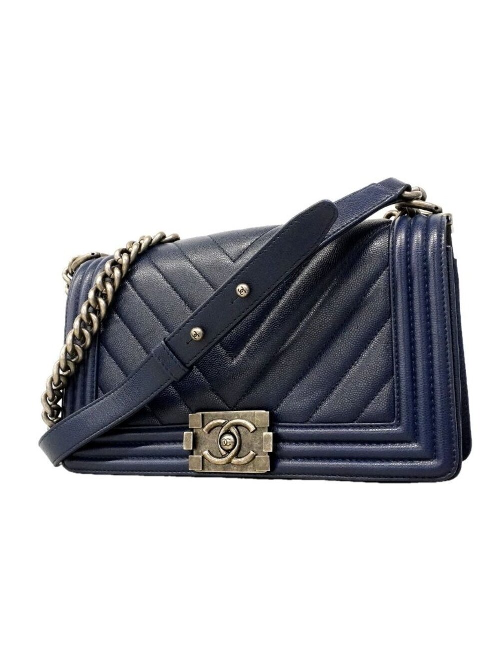 Chanel Shoulder Bag V-stitch Caviar Leather Navy Silver